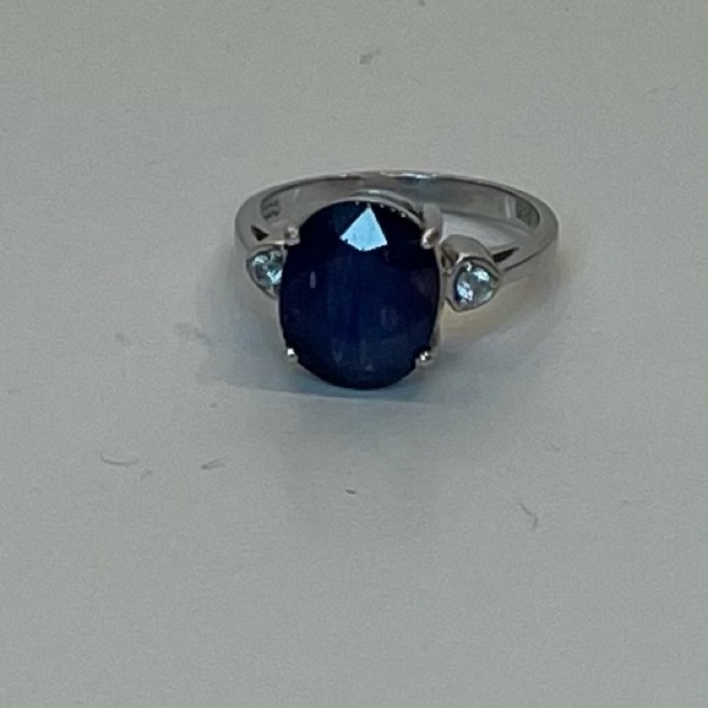 Blue Sapphire & White Zircon 4.74cts Sterling Silver Ring, size 6